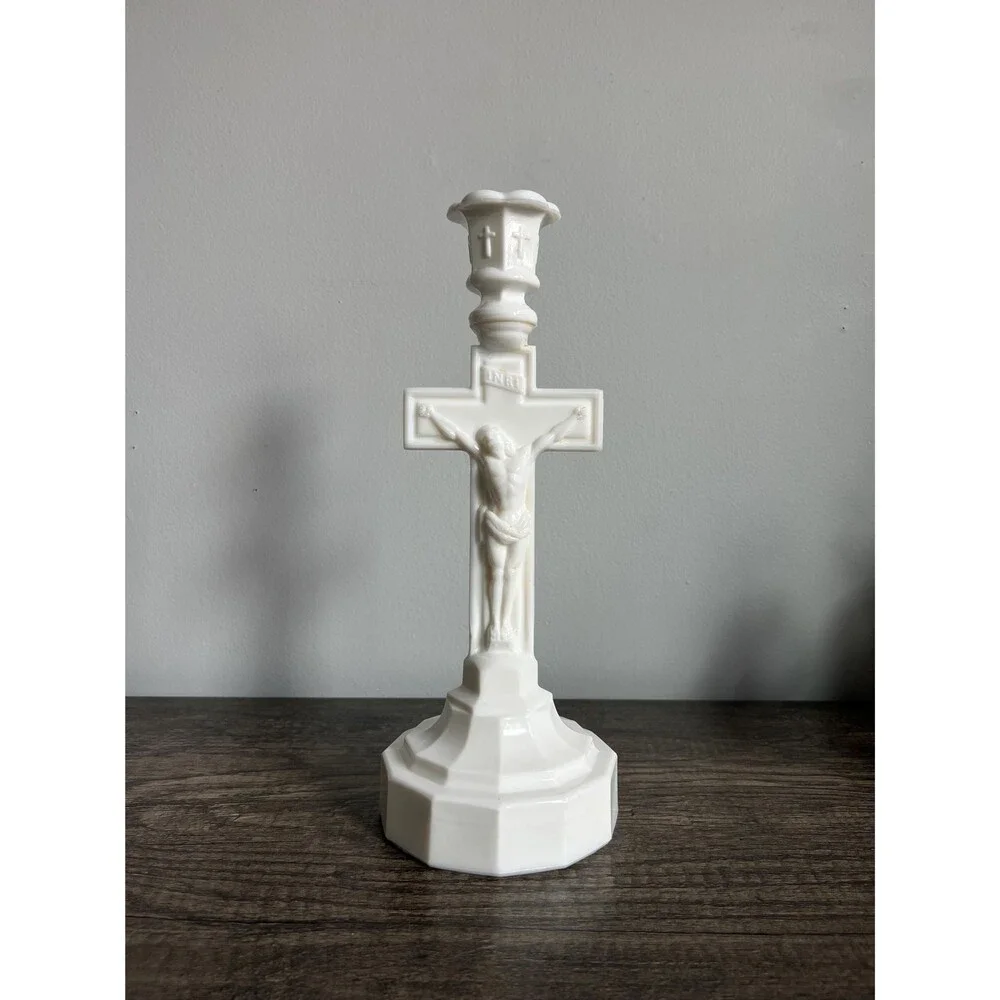Vintage Milk Glass Crucifix Candle Holder